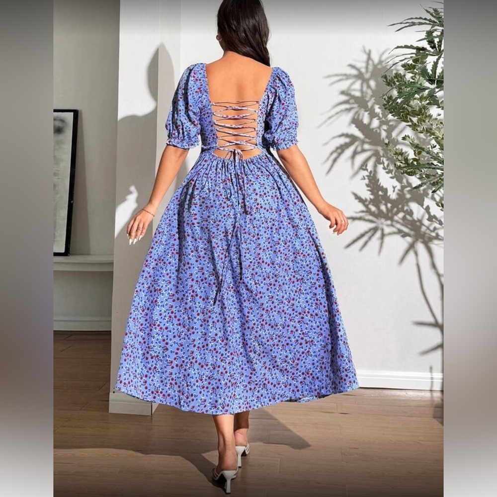 Floral Blue Lace-Up Back Dress - Picture 8 of 8
